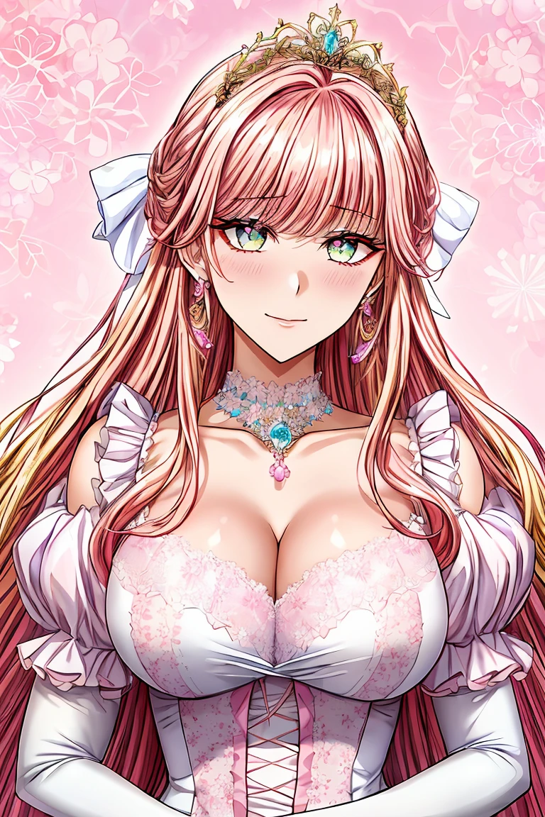 Kuroume_1024, ((shoujo-style, floral background, romance manhwa)), (close up), (1girl:1.2), solo, multicolored hair, inner color, pink hair, blonde hair, solo, long hair, flower, dress, thick eyeblows, flower, straight hair, blaid, smile, closed mouth, collarbone, breast, (cleavage), puffy sleeves, white dress, purple dress, elbow gloves, earrings, necklace, (tiara), jewelry, golden, lace trimmed, bow, face focus, teasing, beautiful face, detailed eyes, pupil, looking at viewer, all intricate