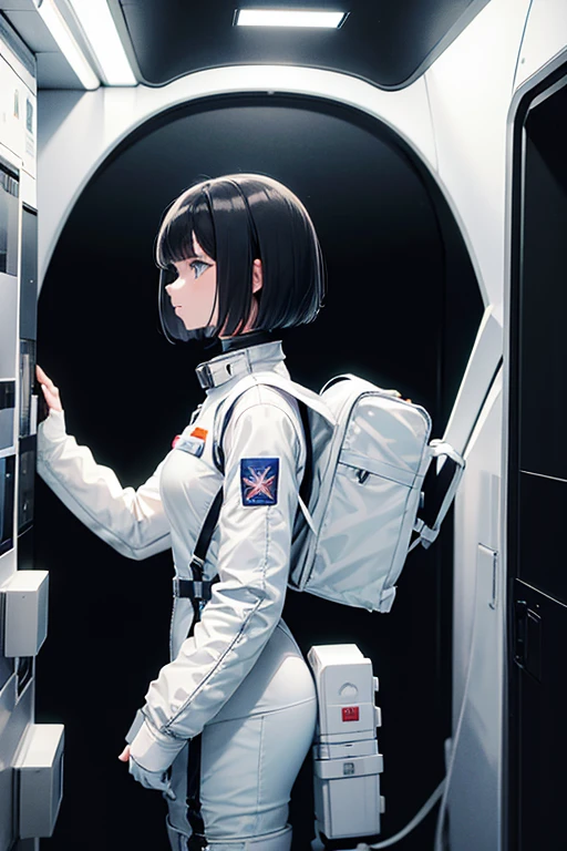 one girls , side view , Young girl , Short Hair Hair , Bob haircut , black  hair , girl in a spacesuit , full length ,White spacesuit, High Quality , Dark tones , anime girl