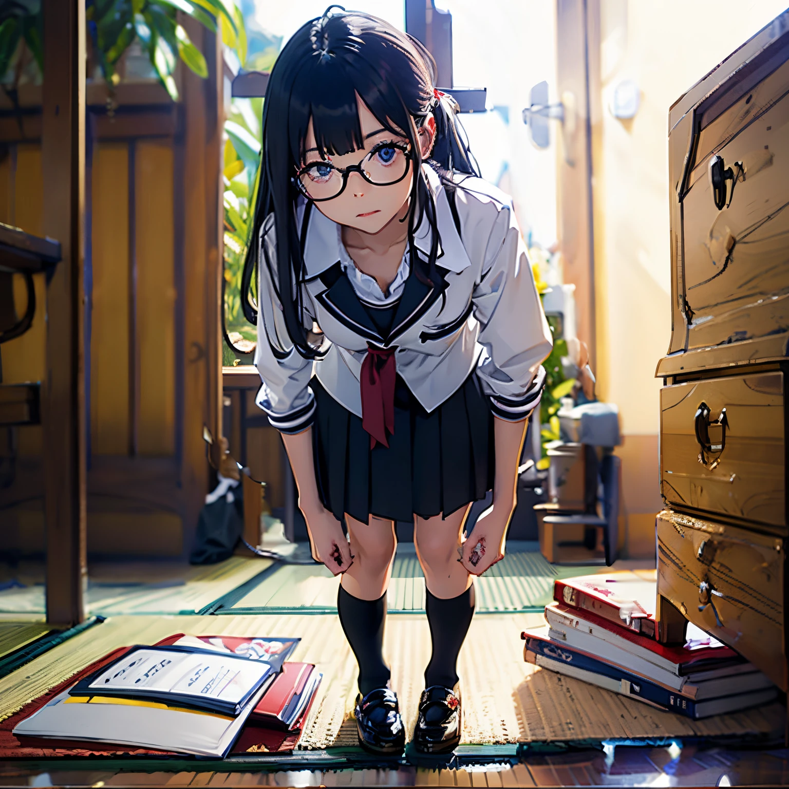 Cute Japan high school girl,small tits,Luxury,Unbelievably cute,Round glasses,Shrunk to about 90cm tall,Full body depiction,校服