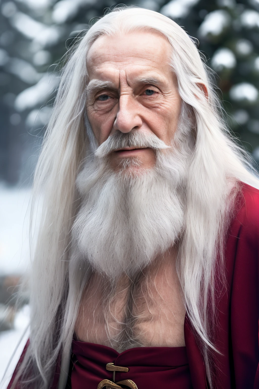 An elder with a long beard and white hair, with a serene face wrinkles, looking producing, body older weak, skinny bones hairy, body naked, his shirt was open to reveal his stomach wrinkles older hairy weak and chest, arms legs neck hands feet skinny old and weak, Santa Claus hat, gloves and open coat,shy and blushed, Lying in the snow,snow lily,Closed eyes,master-piece,4K images,beste-Qualit