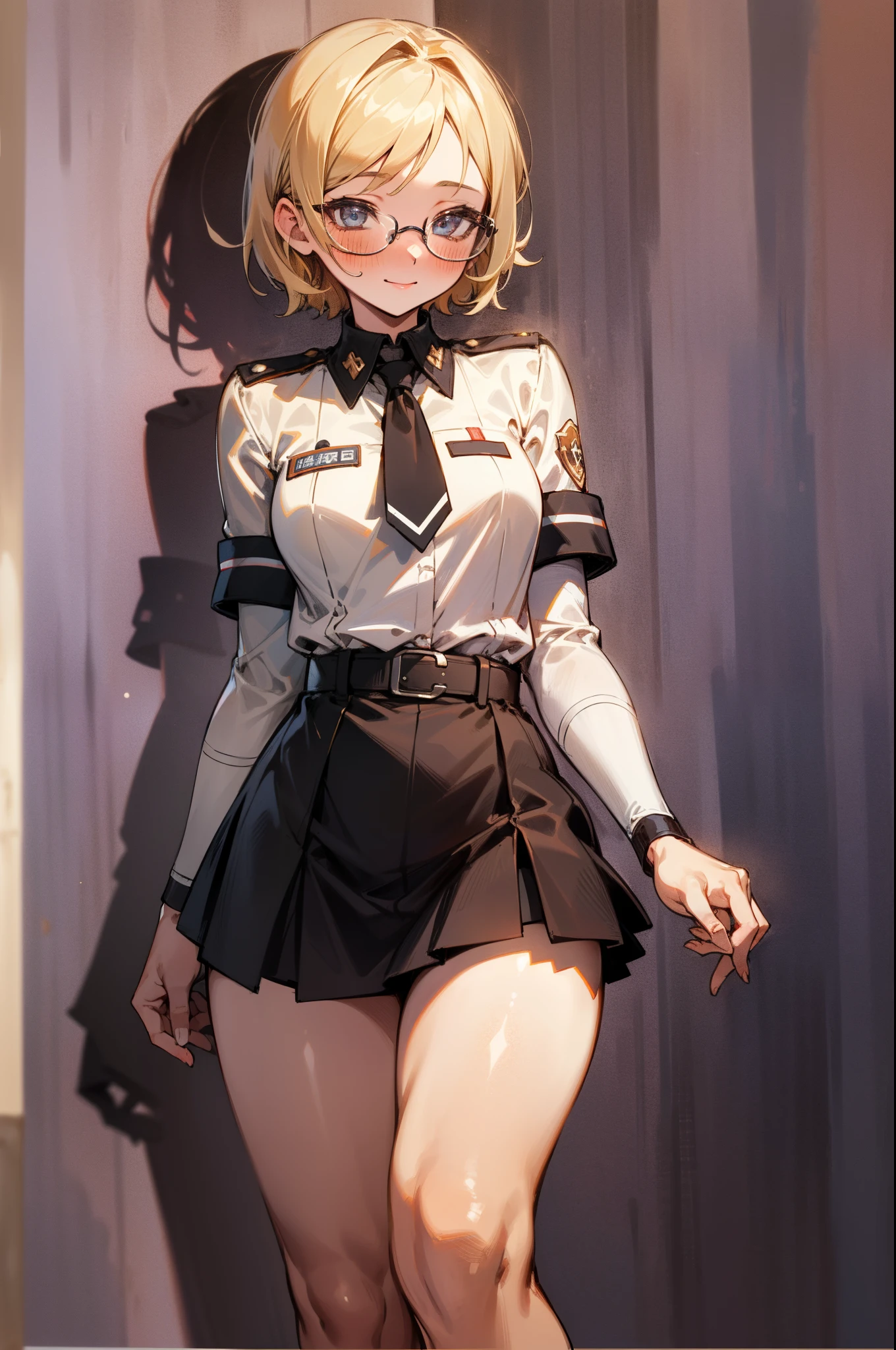 (1girl:1.4) schoolgirl, beautiful, perfect eyes, perfect face, perfect lighting, 1girl, short blonde hair, small breasts, thin waist, medium hips, nazi uniform with skirt, short skirt, red swastika armband, shy smile, thick round glasses, cheeks blushing, dynamic pose, absurdres, [perfect shadows and lighting] detailed background, incredible high-key lighting, rich colors, school hallway background, accurate, anatomically correct (masterpiece:1.3) ultra detailed illustration, (best quality:1.1), textured skin, high details, award winning, highres, UHD, UHD, UHD, UHD, UHD, award winning, highres