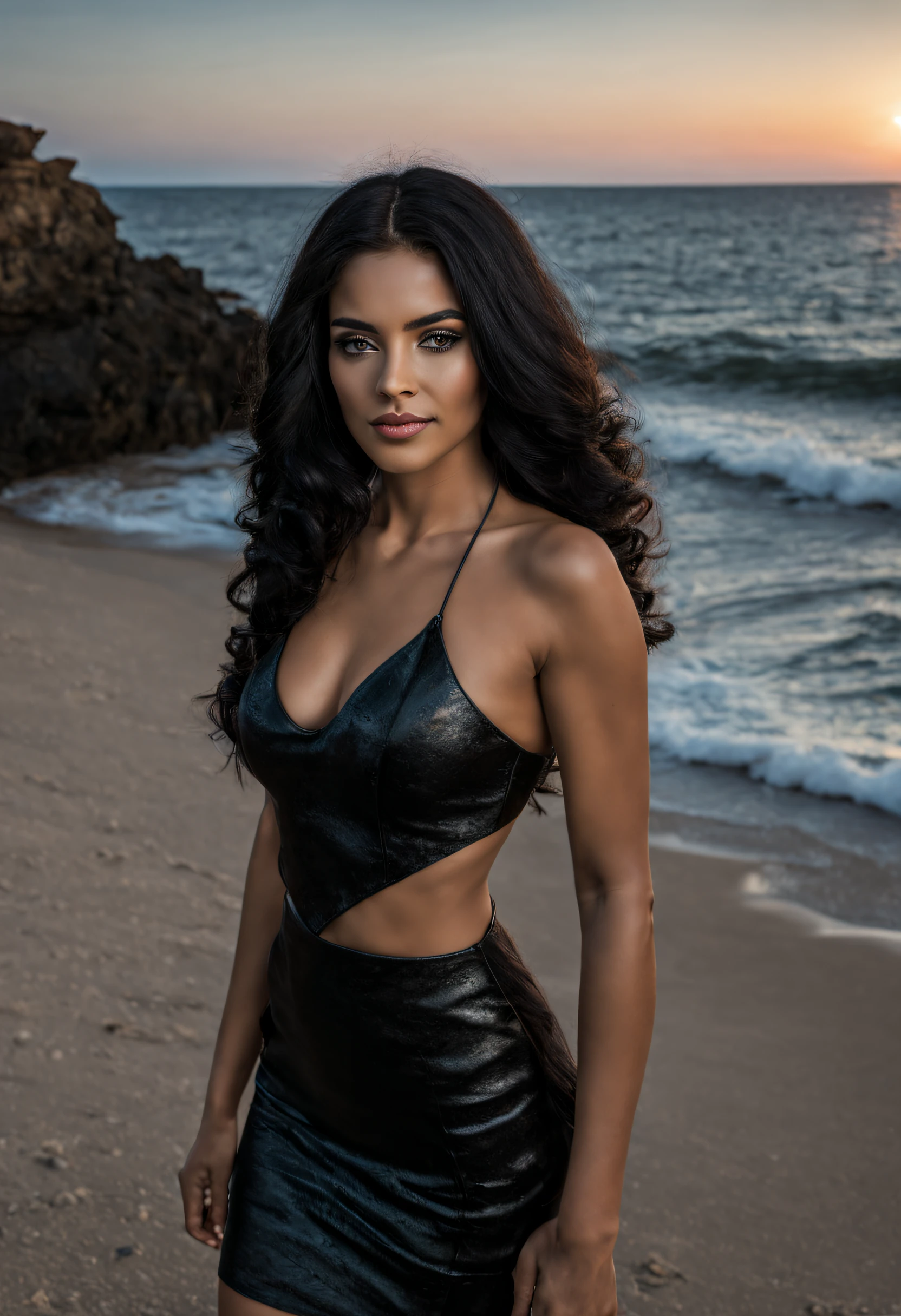 hermosa mujer andaluza de pelo larog y negro azabache con piel morena y cuerpo escultural, vestida con vestido ajustado de verano a la luz de la luna mirando de lado mientras se acicala el pelo con la mano a la orilla del mar, hiperrealista, 8k, paisajista