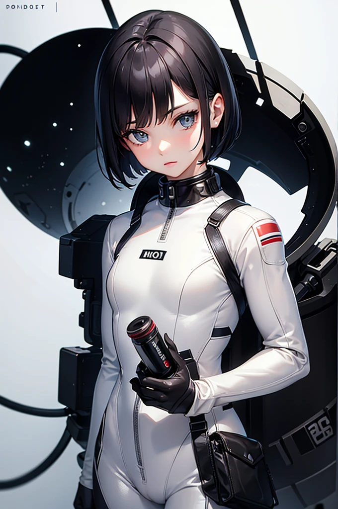 one girl , side view , young girl , short hair , bob haircut , black hair , girl in a spacesuit , naked ass, white spacesuit, high quality , dark tones , anime girl