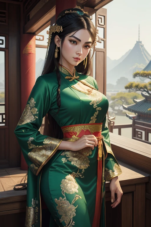 ((full body)), samdoesarts style award winning full body portrait of a beautiful woman, ((perfect feminine face)),((Ancient Chinese Green Clothes)), ((green peking Opera costumes)), (Long sleeves) Gazebo, Complex, (Beautiful Detail Eyes, elongated eyebrows),((Hairpins, twisted hair)),(Sadness), ((tears)), (Sunlight), shaded flat illustration, digital art, trending on artstation, highly detailed, fine detail, intricate, art by artgerm and rutkowski and alphonse mucha,