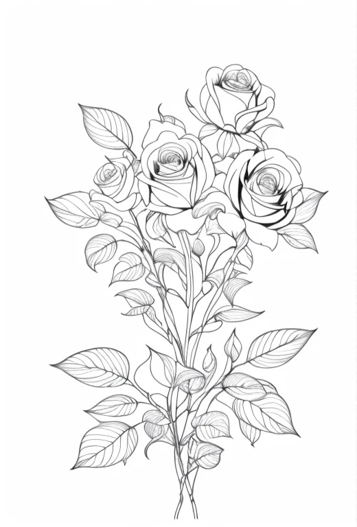 a drawing of roses with leaves on a white background, beautiful line art, detailed line art, hyper detailed line art, line art illustration, clean ink detailed line drawing, line drawing tattoos, line art colouring page, realistic line drawing, extremely fine ink lineart, outline drawing, line art!!, black and white detailed sketch, outline sketch, outline art