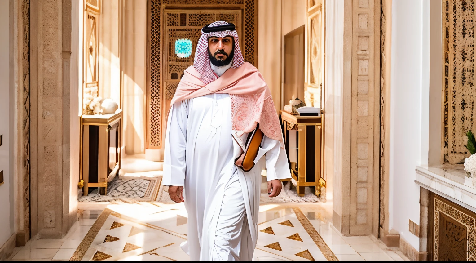 Araffe con un traje blanco y rosa caminando por un pasillo., jeque mohammad gobernante de dubai, jeque mohammed gobernante de dubai, haciendo alarde de su riqueza, majestuosa obra maestra, arab ameera al taweel, jeque, consejero delegado, al amanecer, Foto de tendencia, Febrero), Obra maestra, Foto de Instagram, obra maestra', inspirado por Sheikh Hamdullah, in his noble mansion
