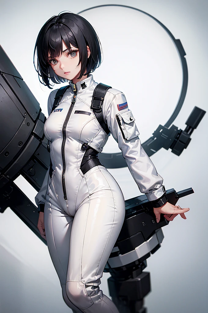 one girls , side view , Young girl , Short Hair Hair , Bob haircut , black  hair , girl in a spacesuit , full length ,White spacesuit, High Quality , Dark tones