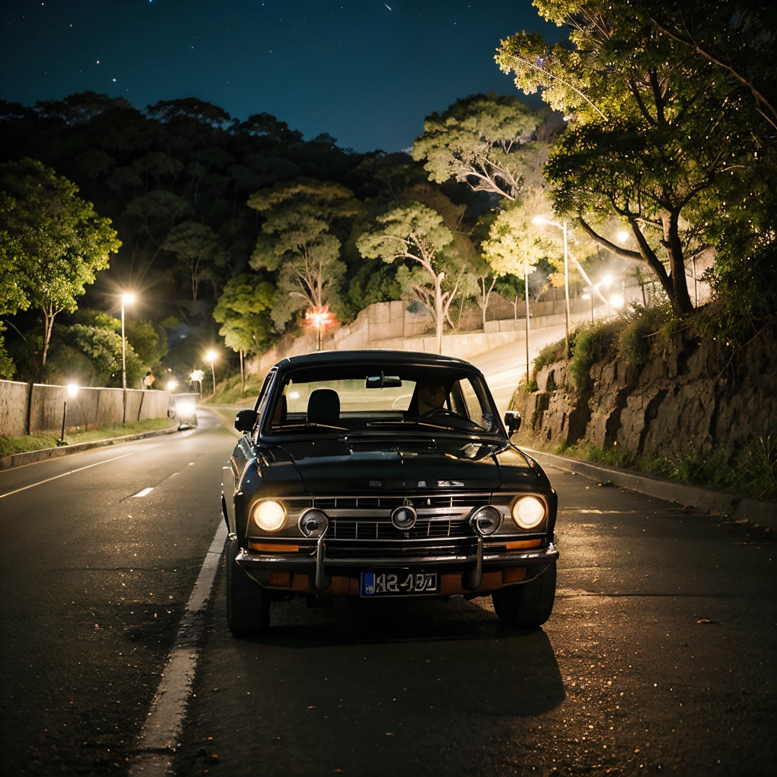 Opala vermelho andando na estrada de terra a noite com tons sombrios
