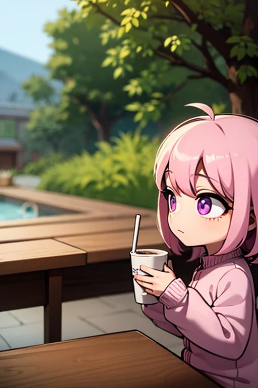 A pink haired girl with violet eyes is drinking a hot chocolate at a christmas party