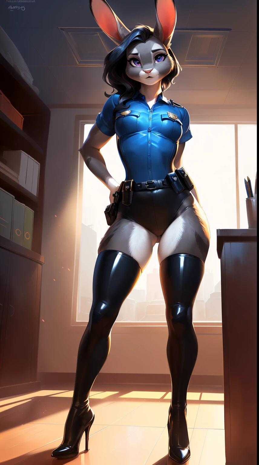 uploaded on e621, by fluff-kevlar, by Pixelsketcher, by Bayard Wu, by Thomas Benjamin Kennington, by Einshelm, solo anthro, ((Portrait)), ((JudyHopps, (police uniform, blue shirt, leather black skirt), short black side haircut, see-through black stockings, black latex boots, high heels)), seductive gase, exited face, out of breath, super horny, ((mouth open)), purple eyes, (detailed Bonifasko lighting), (Detailed fur), (detailed skin), (Cinematic lighting), ((Detailed background, grey office room)), (half body shadow), [explict content], [sharp-focus], (Questionable content), (shaded), ((Masterpiece), (Long asymmetrical wavy hair, very long hair, blonde bob), Average Breasts, pectoral muscles, Fluffy fallow bunny, Wavethesallow Face, furry fantasy art, anthro art, commission for high res, Furry art, pov furry art, Sakimichan is beautiful, Masterpiece, big hips, small breasts, Best Quality, Detailed image, Bright colors, Detailed Face, perfect lighting, Perfect shadows, Perfect eyes, focus on girl, flawless face, gorgeous body, Hourglass body, . shiny body, feet focus, Fluffy, fluffy woman, Body fur, Animal nose, muzzle, two-toned fur, gaze at the viewer, half closed eyes, 1girl, full body, (Masterpiece:1.2), (Best Quality:1.2), (illustartion:1.2), (Cinematic lighting:1.3), Detailed fur, Furry, anthro, attractive body, sexy body, looking a viewer, seductive gaze, thick-thighs, fit body, (See-through stockings, Best Stockings, elastic stockings, lacy stockings), Suggested Pose, Seductive Leg Pose, Party room, Suggested Pose, grey office room, posing near table, showing sexy ass, (punished, been spanked:1.4)