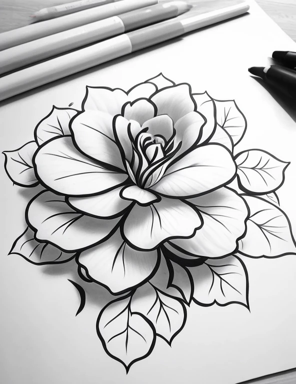 drawing of a flower with a pencil on a piece of , drawing, black ink line art, medium sized tattoo sketch, clean ink detailed line drawing, drawn on white parchment , detailed flowers, hyper - realistic tattoo sketch, black ink outline, line drawing tattoos, shaded ink illustration, ink art, higly detailed black ink outline
