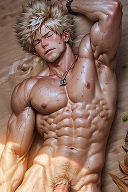 Muscular bakugou katsuki laying down sleeping on desert sand top view, relaxed, naked thick penis , muscular pecs and washboard abs, sweating heavily, wristwatch, necklace, cactus growing from sand, sand on body, blonde stubble, bright burning sunlight
