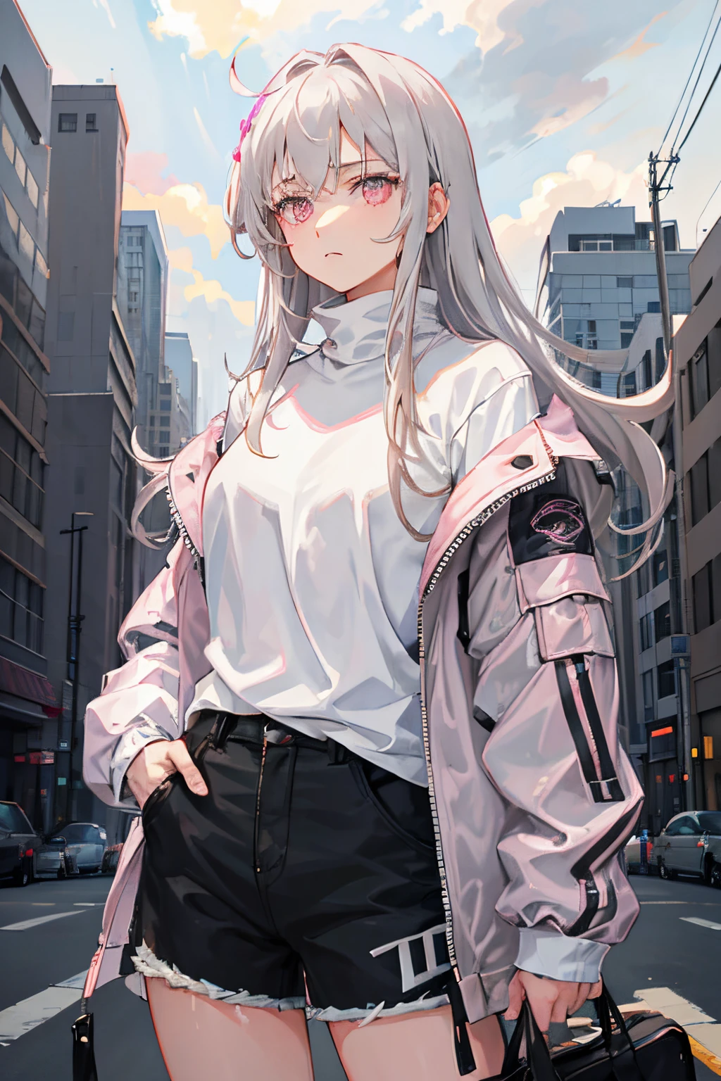 1girl, medium breasts, blank expression, grey hair, messy hair, long hair, pink eyes, black turtleneck under a white jacket, black shorts, cowboy shot,