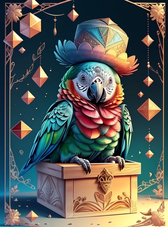 (cute parrot smiling with a hat in a beautiful box), Munchkin ,Geometric multidimensional wall portrait, livro de arte, Tchibi,
Yang08k, Beautiful, Colouring,
Obras, of the highest quality, best quality, Arte Oficial, Beautiful and Aesthetic,
