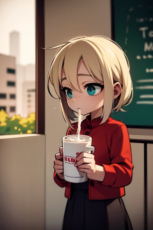 A blonde haired girl with teal eyes is drinking a hot chocolate at a christmas party