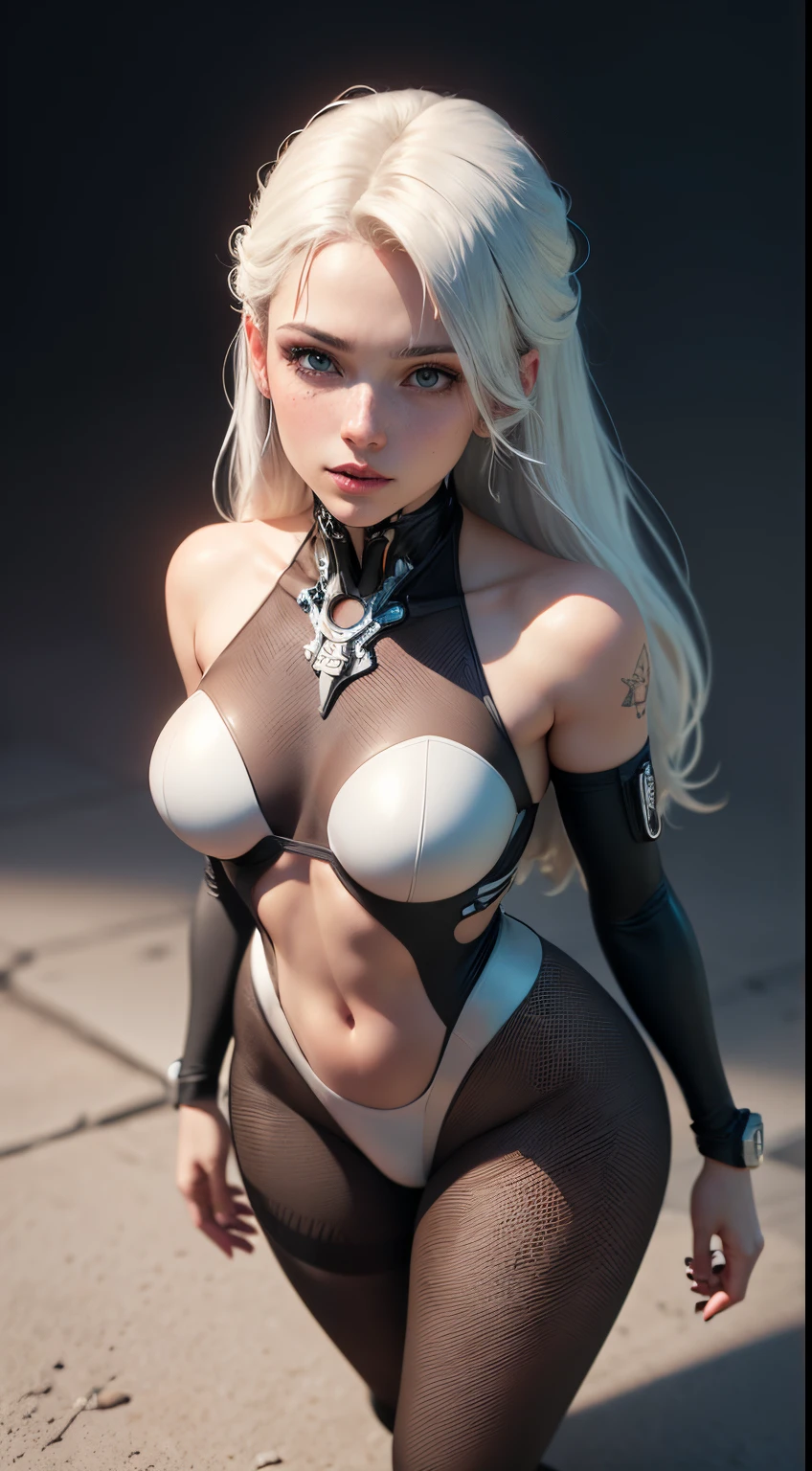 (((Young White Woman))), ((Best Quality)), ((Masterpiece)), (Detail: 1.4), 3D, A Beautiful Cyberpunk Woman with Simon Bisley-style micro thong, Genesis evangelion neon style clothing, 2-piece clothing, Long silver hair, arm tatoo, cybernetic hands, pastel, Centered, scale to fit the dimensions, nffsw (High dynamic range),Ray tracing,NVIDIA RTX,Hyper-Resolution,Unreal 5,Subsurface Dispersion, PBR Texture, Post-processing, Anisotropy Filtering, depth of fields, Maximum clarity and sharpness, Multilayer textures, Albedo and specular maps, Surface Shading, accurate simulation of light and material interactions, Perfect proportions, Octane Render, Two-tone lighting, Wide aperture, Low ISO, White Balance, thirds rule, 8K Raw, Crysisnanosuit,loraeyes,nijistyle,pantyhose, freckles, nsfw, sexual pose ,High detailed, 300dpi, pornstar, ((((white background))), (((viewer looking at her from above, sexy pose))), (((flirt))), Blue eyes