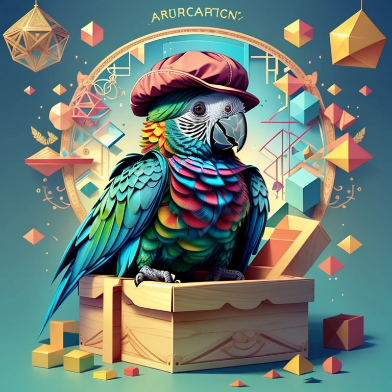 (cute baby parrot smiling with a hat in a beautiful box), Munchkin ,Geometric multidimensional wall portrait, livro de arte, Tchibi,
Yang08k, Beautiful, Colouring,
Obras, of the highest quality, best quality, Arte Oficial, Beautiful and Aesthetic,