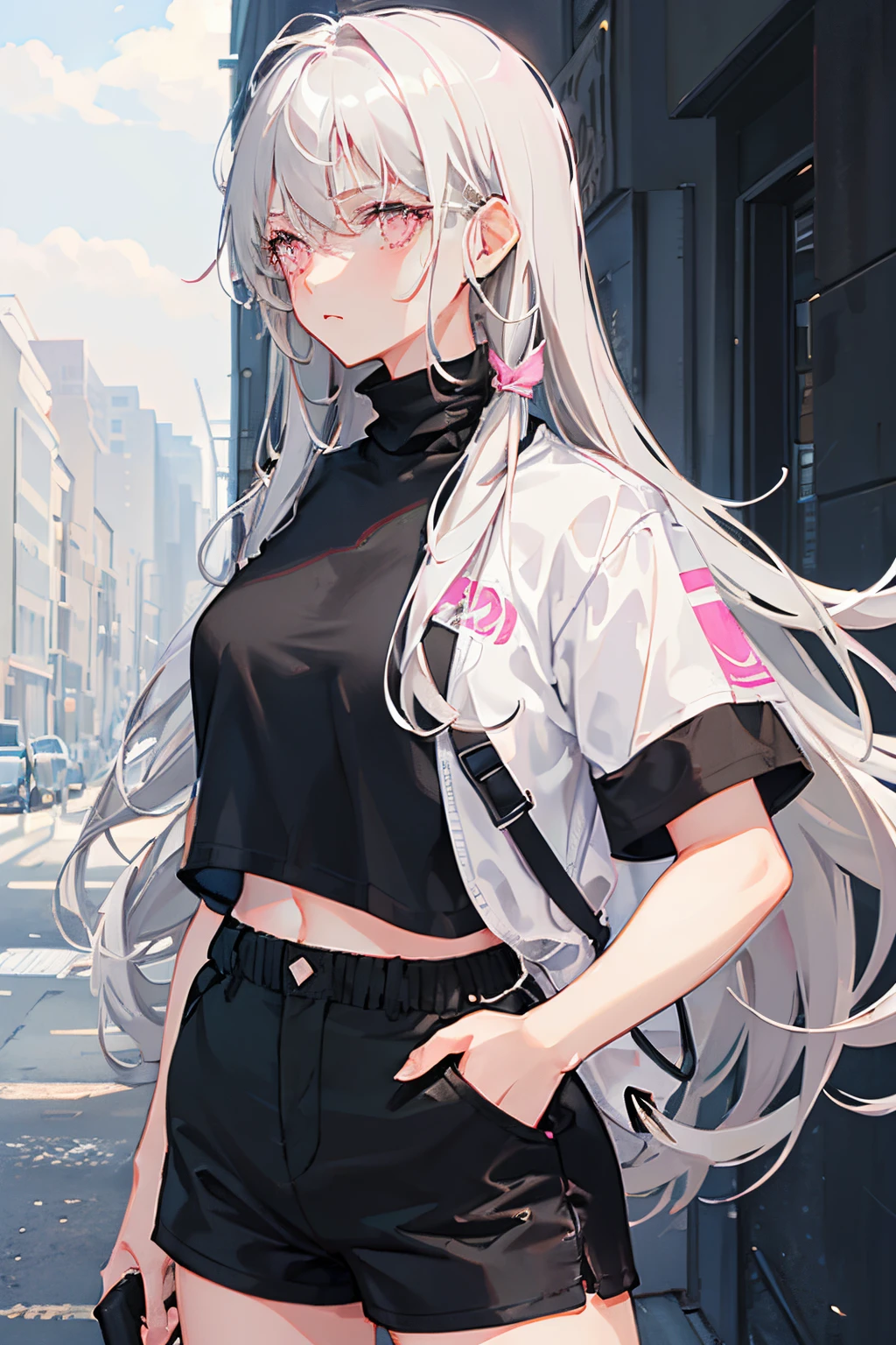 1girl, medium breasts, blank expression, grey hair, messy hair, long hair, pink eyes, black turtleneck under a white short sleeve shirt, black shorts, cowboy shot,