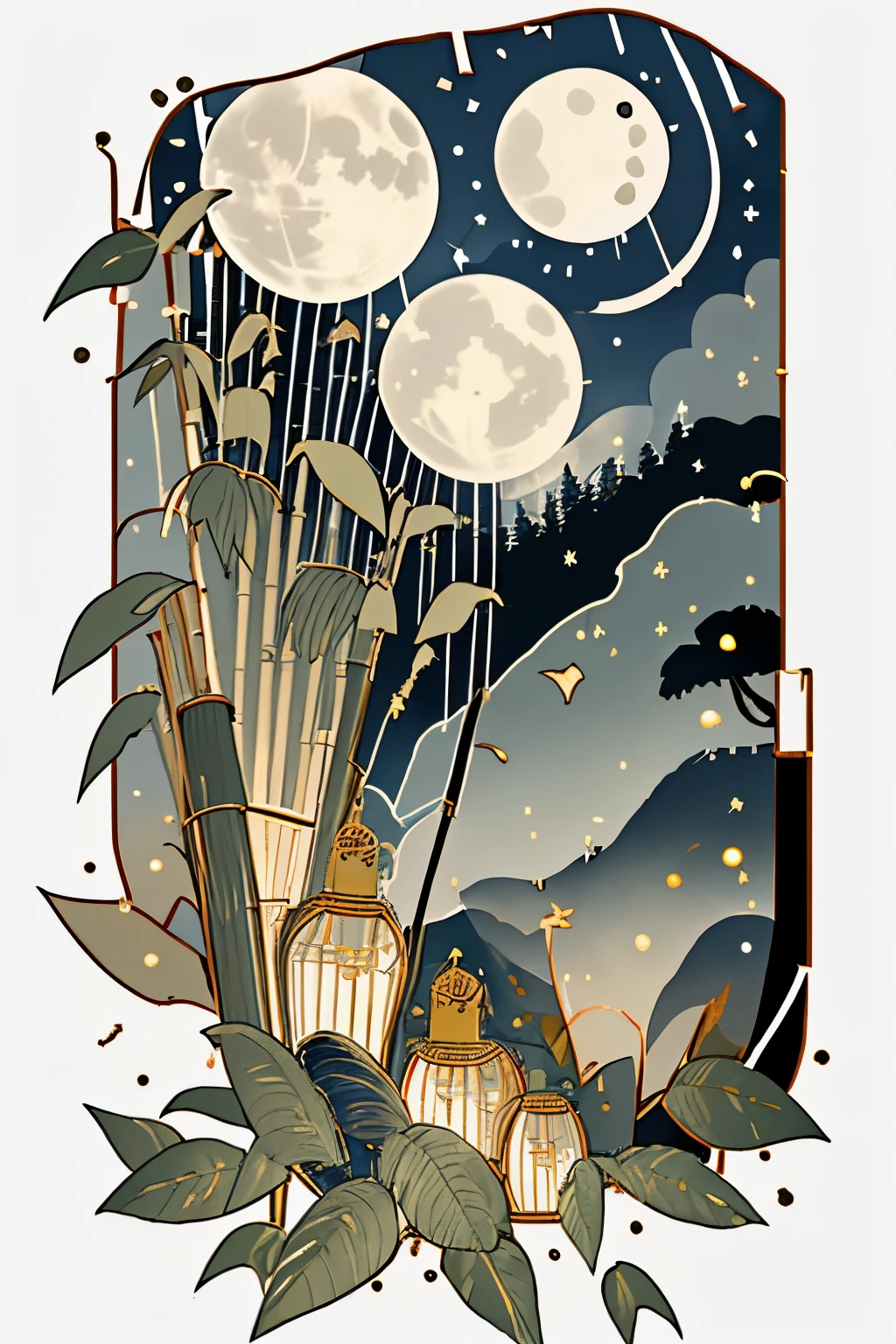 Silent night, quiet bamboo forest, bamboo leaves falling with the wind, full moon in the sky, fireflies flying