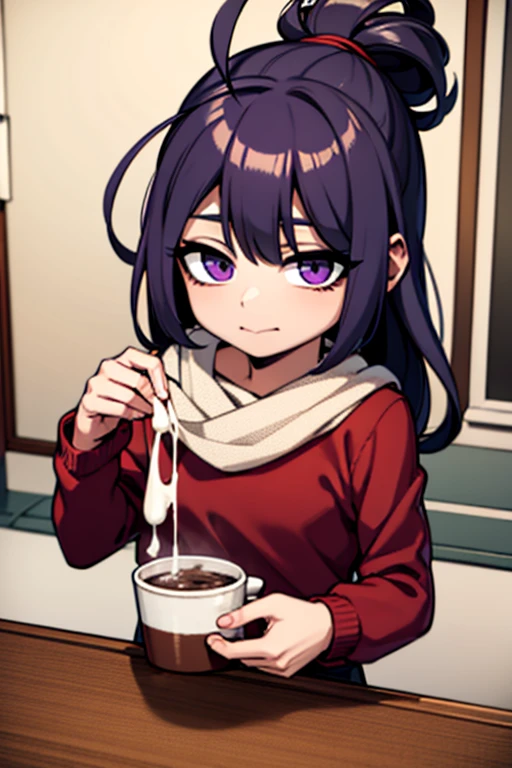 A purple haired girl with purple eyes and purple wolf ears is drinking a hot chocolate at a christmas party