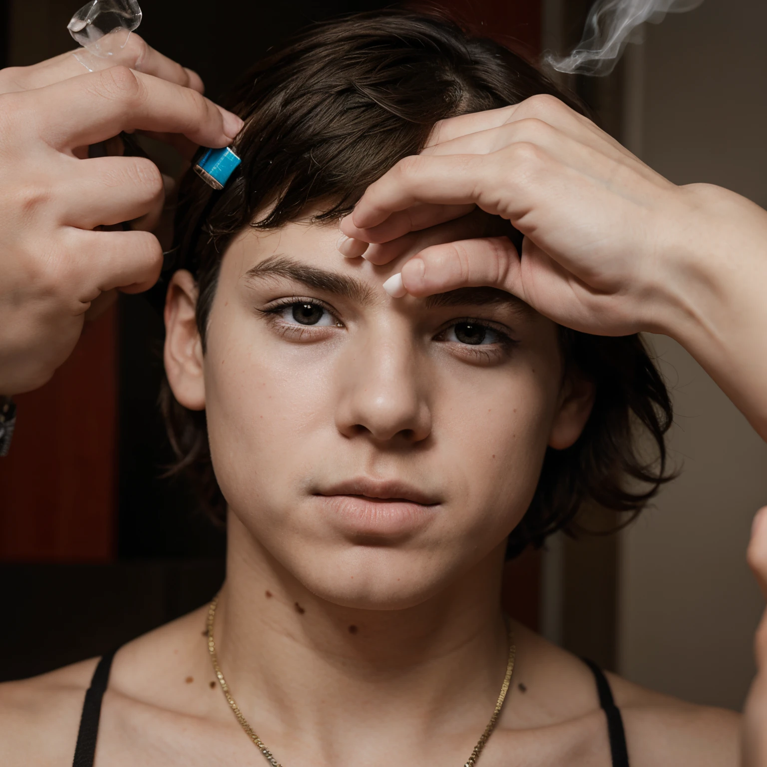 Sad transgender boy vaping with a baby