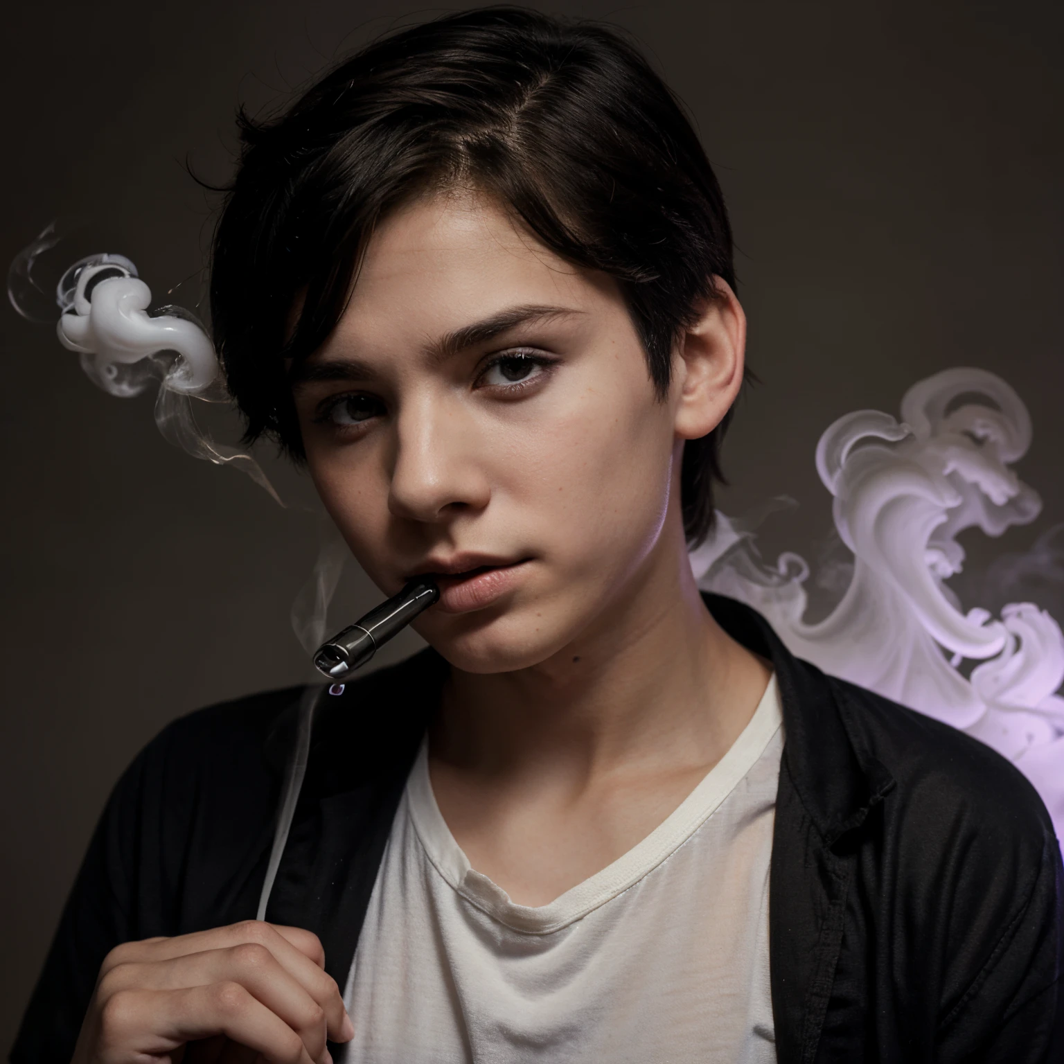 Sad transgender boy vaping with a baby