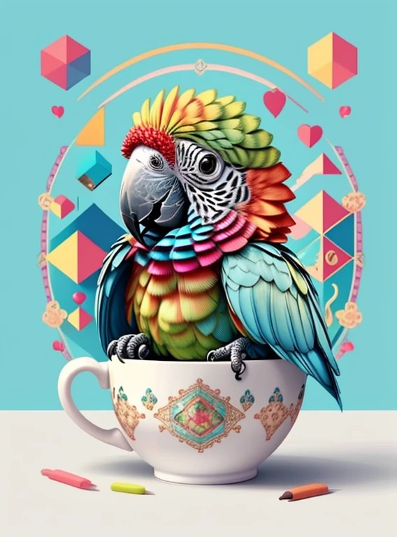 (cute baby parrot smiling in a beautiful cup), Munchkin ,Geometric multidimensional wall portrait, livro de arte, Tchibi,
Yang08k, Beautiful, Colouring,
Obras, of the highest quality, best quality, Arte Oficial, Beautiful and Aesthetic,