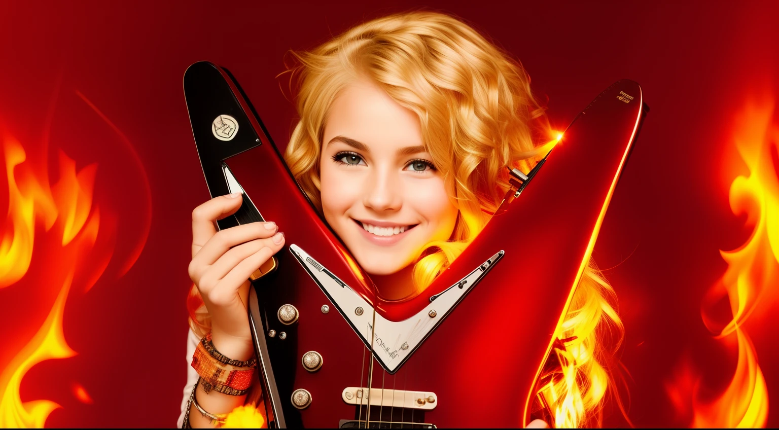 blonde girl holding a guitar with a smile on her face, holding an electric guitar, em chamas queimando no fogo. RED BACKGROUND.