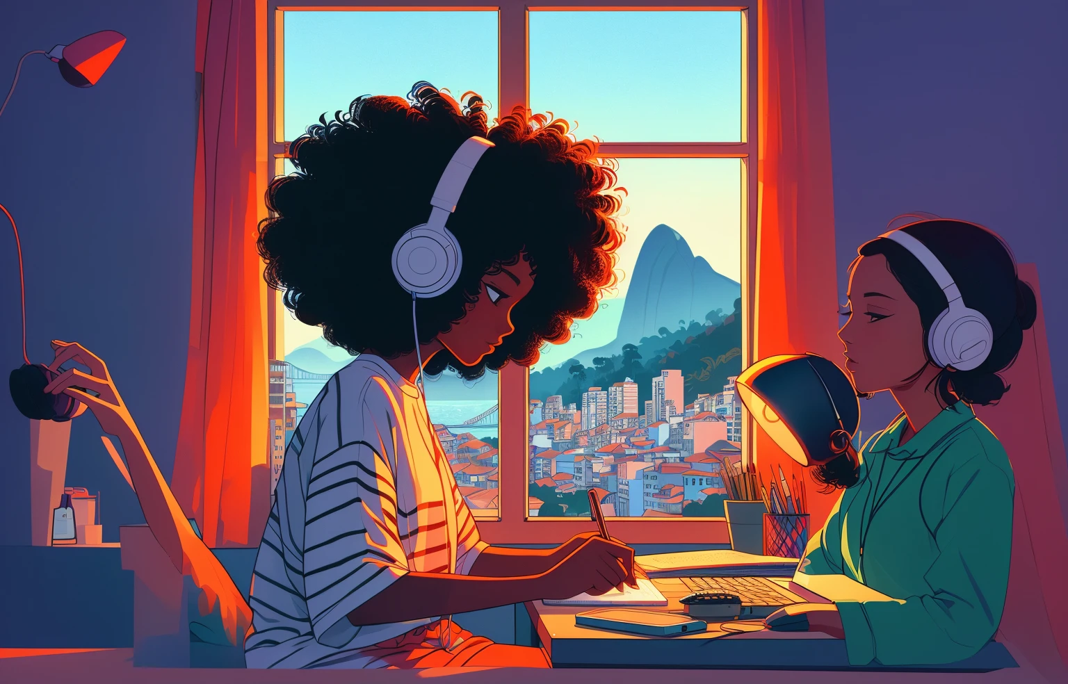 illustration of a woman sitting at a desk with a laptop and headphones, Arte Lofi,  lofi, Elogio Artstyle, em estilo de atey ghailan, Jen Bartel, inspirado em Cyril Rolando, illustration style, No estilo de Cyril Rolando, Directed by: Atey Ghailan, Estilo de Alena Aenami, stunning digital illustration