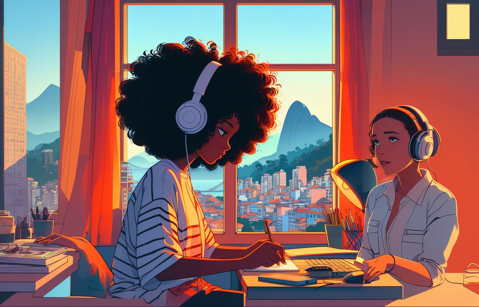 illustration of a woman sitting at a desk with a laptop and headphones, Arte Lofi,  lofi, Elogio Artstyle, em estilo de atey ghailan, Jen Bartel, inspirado em Cyril Rolando, illustration style, No estilo de Cyril Rolando, Directed by: Atey Ghailan, Estilo de Alena Aenami, stunning digital illustration