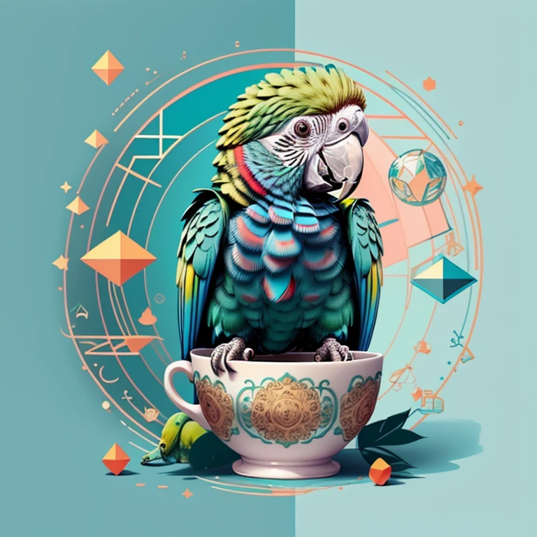(cute baby parrot smiling in a beautiful cup), Munchkin ,Geometric multidimensional wall portrait, livro de arte, Tchibi,
Yang08k, Beautiful, Colouring,
Obras, of the highest quality, best quality, Arte Oficial, Beautiful and Aesthetic,
