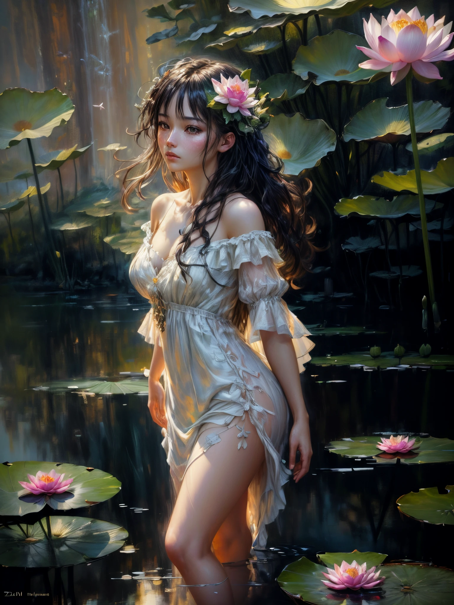 oil painting, brush strokes, paint splashes, colorful, masterpiece, best quality, ultra detailed wallpaper, 1 beautiful fairy, white semitransparent shotrt dress, long hair, ((light passing through hair:1.1)), (high contrast, official art, extreme detailed, highest detailed)she stands on a lotus flower, surreal dreams lotus field in the backgroung, surreal dreamscape, (best quality,4k,8k,highres,masterpiece:1.2),ultra-detailed, portrait, digital painting by zeen chin and ruan jia and huang guangjian , expressive pose, studio lighting,vibrant colors,dramatic lighting,contrast, , Meticulous details, intricate details