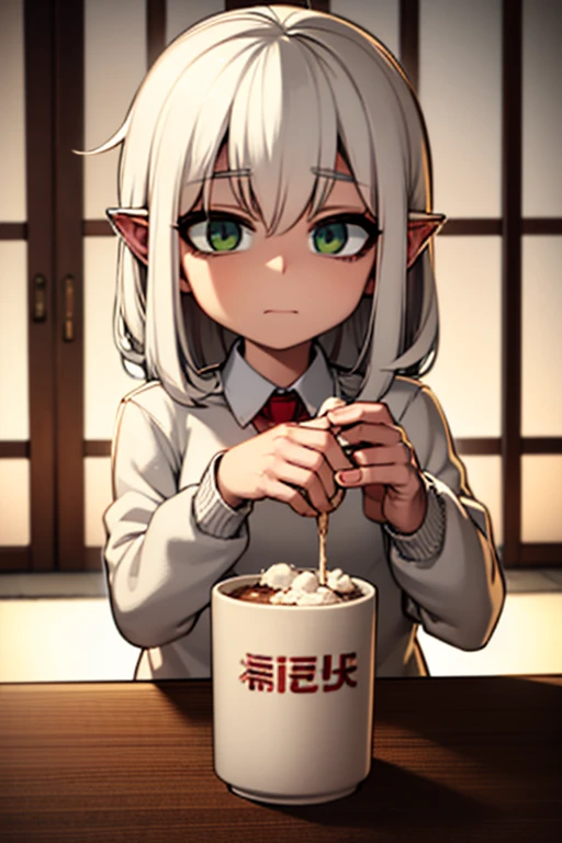 A white haired wolf girl with green eyes and white wolf ears is drinking a hot chocolate at a christmas party