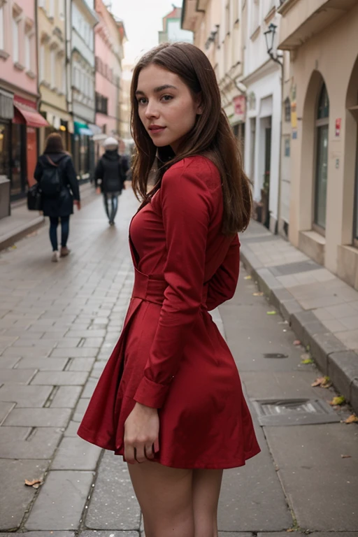 same girl in red dress in prague