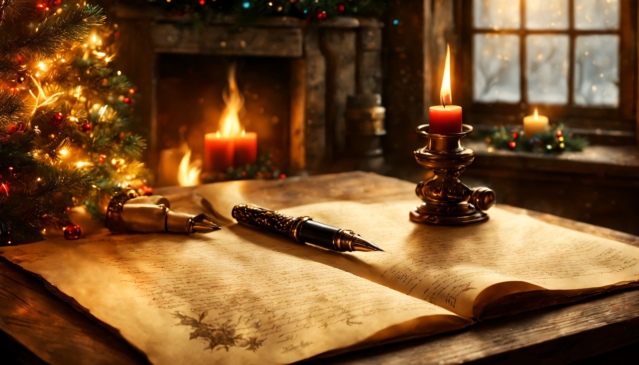 Blank parchment, pen nib, background: christmas fir, christmaswreath, x-mas beautiful atmosphere, magic, cozy, dreamy, digital art, details by greg rutkowski