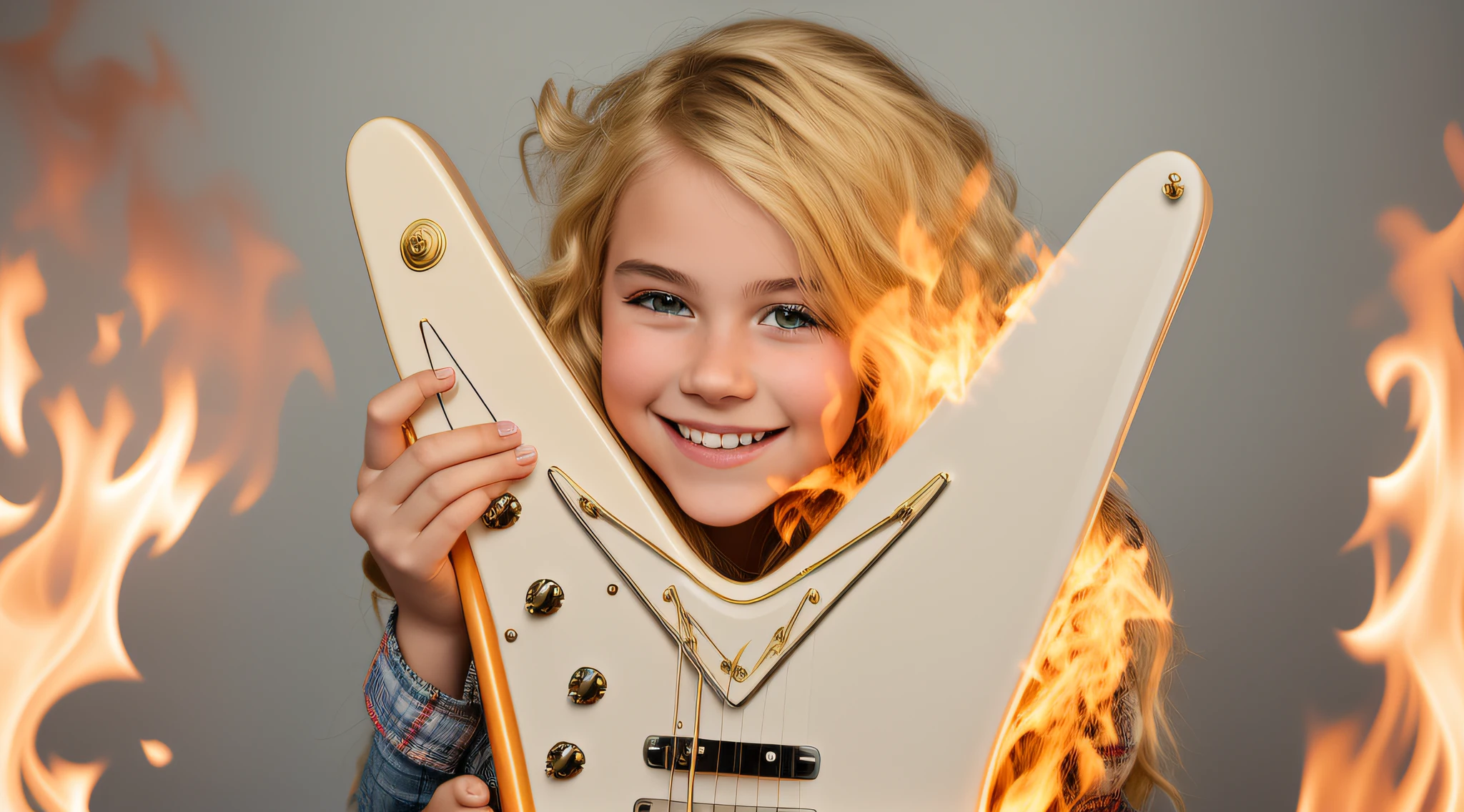 blonde girl holding a guitar with a smile on her face, holding an electric guitar, em chamas queimando no fogo. fundo vermelho.