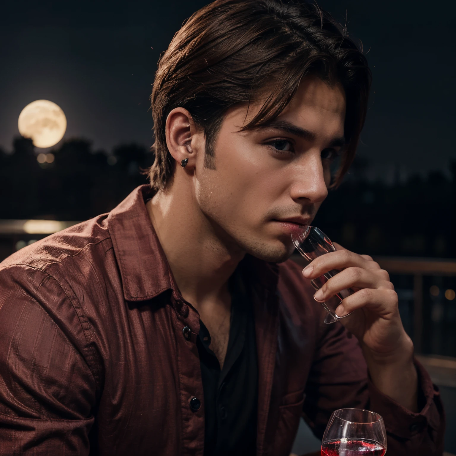handsome boy, with a

little, dog, drinking glass red wine, moon background,

earphone realistic, 8k, v4