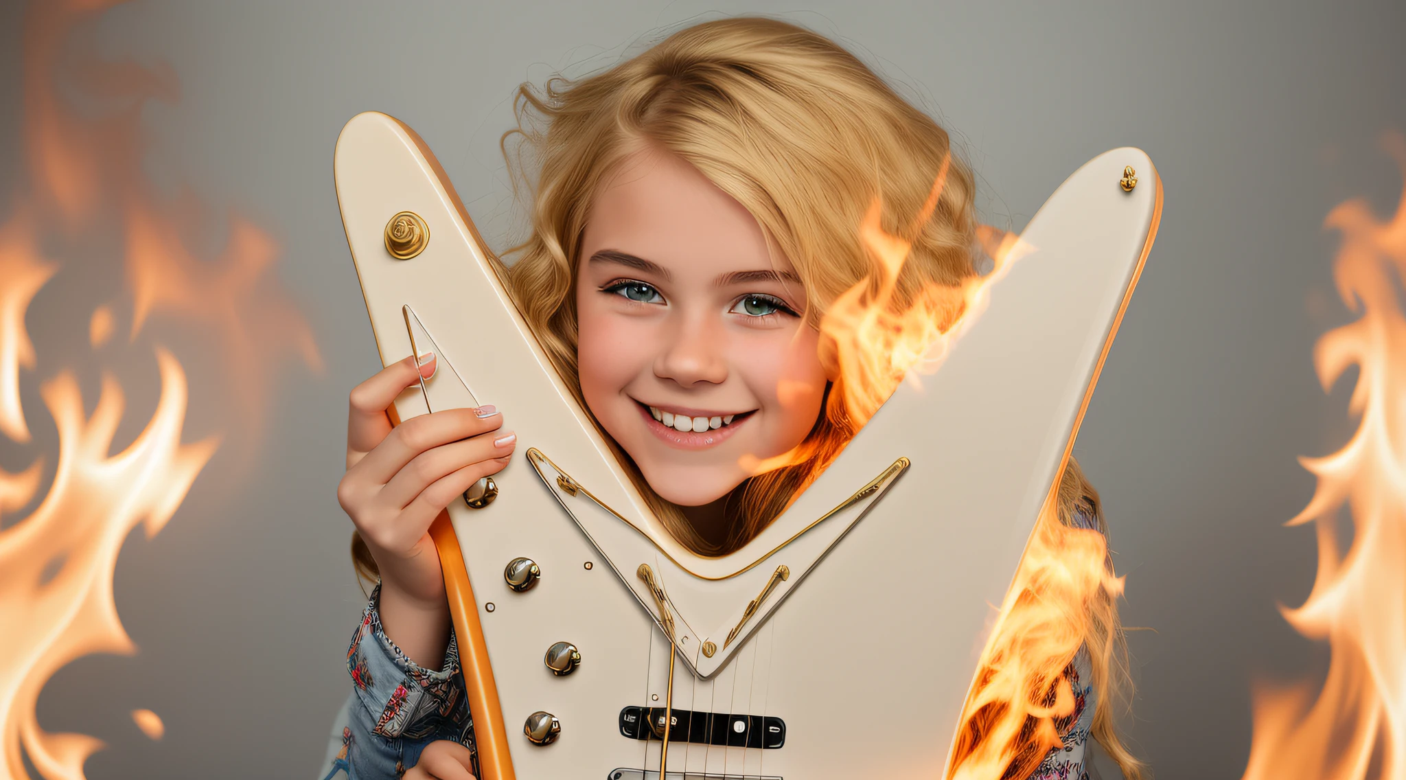 blonde girl holding a guitar with a smile on her face, holding an electric guitar, em chamas queimando no fogo. fundo vermelho.