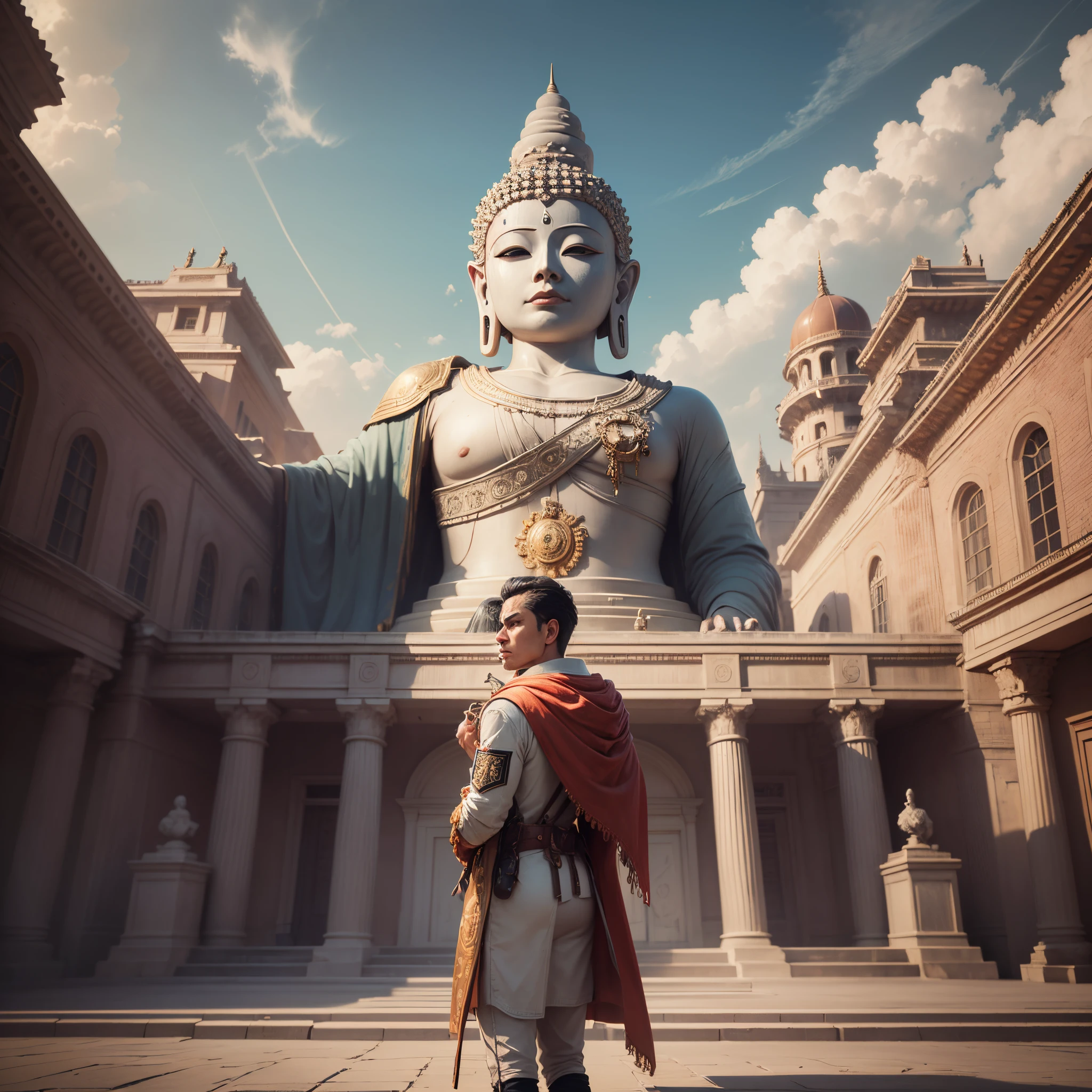 (best quality,masterpiece, intricate,ultra-detailed,realistic,RAW photo,8k uhd,ultra high res,photorealistic style,cinematic scenes, sharp focus,dramatic lighting,extremely detailed CG unity wallpaper) ,a man standing in front of a huge Buddha statue --auto --s2