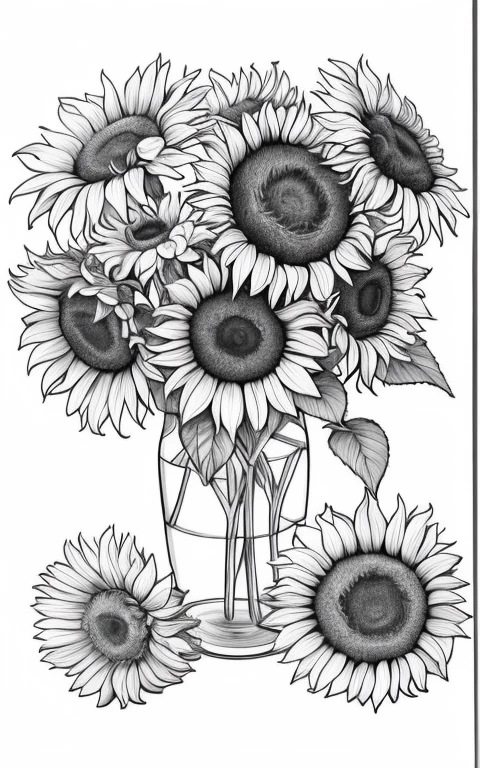 a drawing of a vase filled with sunflowers on a white background, detailed flowers, highly detailed sketch, highly detailed illustration, detailed and realistic, highly detailed drawing, hyper detailed line art, ultra - realistic and intricate, extremely detailed and realistic, highly detailed and realistic, black and white detailed sketch, black and whitehighly detailed, highly realistic and detailed