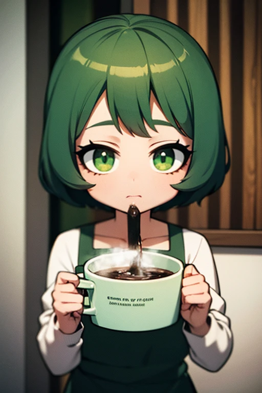 A green haired  girl with green eyes and short hair is drinking a hot chocolate at a christmas party