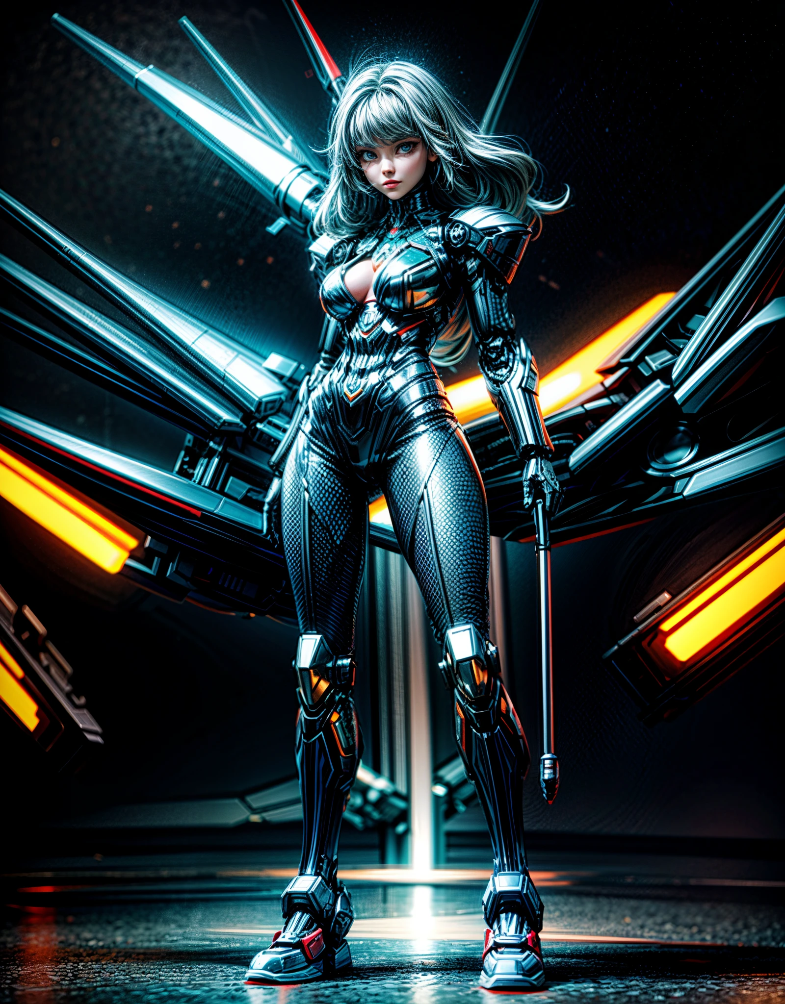 "E-piece in a maximum resolution of 16K, with the comic-book style, capturing the essence of a cyber attack. | A powerful mecha woman, imposing and heroic, assumes the pose centered on the image, radiating strength and determination. Her eyes shine with the intensity of an imminent DDOS attack, while she wields advanced technology in her hands. | The background,  and sci-fi, displays pulsating digital elements and futuristic lines that highlight the technological context of the scene. | Dynamic composition, highlighting the central figure in the midst of the sci-fi atmosphere. | Cinematic lighting effect enhances the metal contours of the strand and creates an impactful contrast in the technological environment. | Epic scene of a mecha woman in a heroic pose, about to launch a DDOS attack | The camera, positioned next to the character, reveals her entire body as she adopts a dynamic pose, interacting and leaning on a futuristic digital structure. Dynamic inclinations and recoss add life to the composition. | (perfect_pose), She  adopting a ((dynamic_pose as interacts, boldly leaning on a large structure, leaning back in a dynamic way):1.erfect_hands), (perfect_fingers), (perfect_legetter_handig, ((full body)), More Detail".