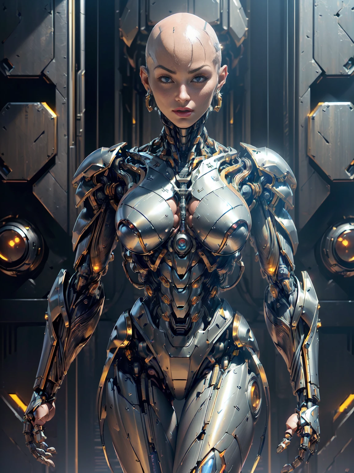 (beautiful borg queen:1.25), (1 girl), (metallic muscle armor:1.5), (no hair), (bald head covered in cables:1.5), (robotic mechanical physique:1.5), (super muscular cyborg:1.5), (covered in cables and mechanical muscles:1.5), (android muscular anatomy:1.5), (megan-fox:1.5), (perfect fingers:1.25),(8k, RAW photo, photorealistic:1.25), sci fi atmosphere, futuristic dystopia, alien landscape,