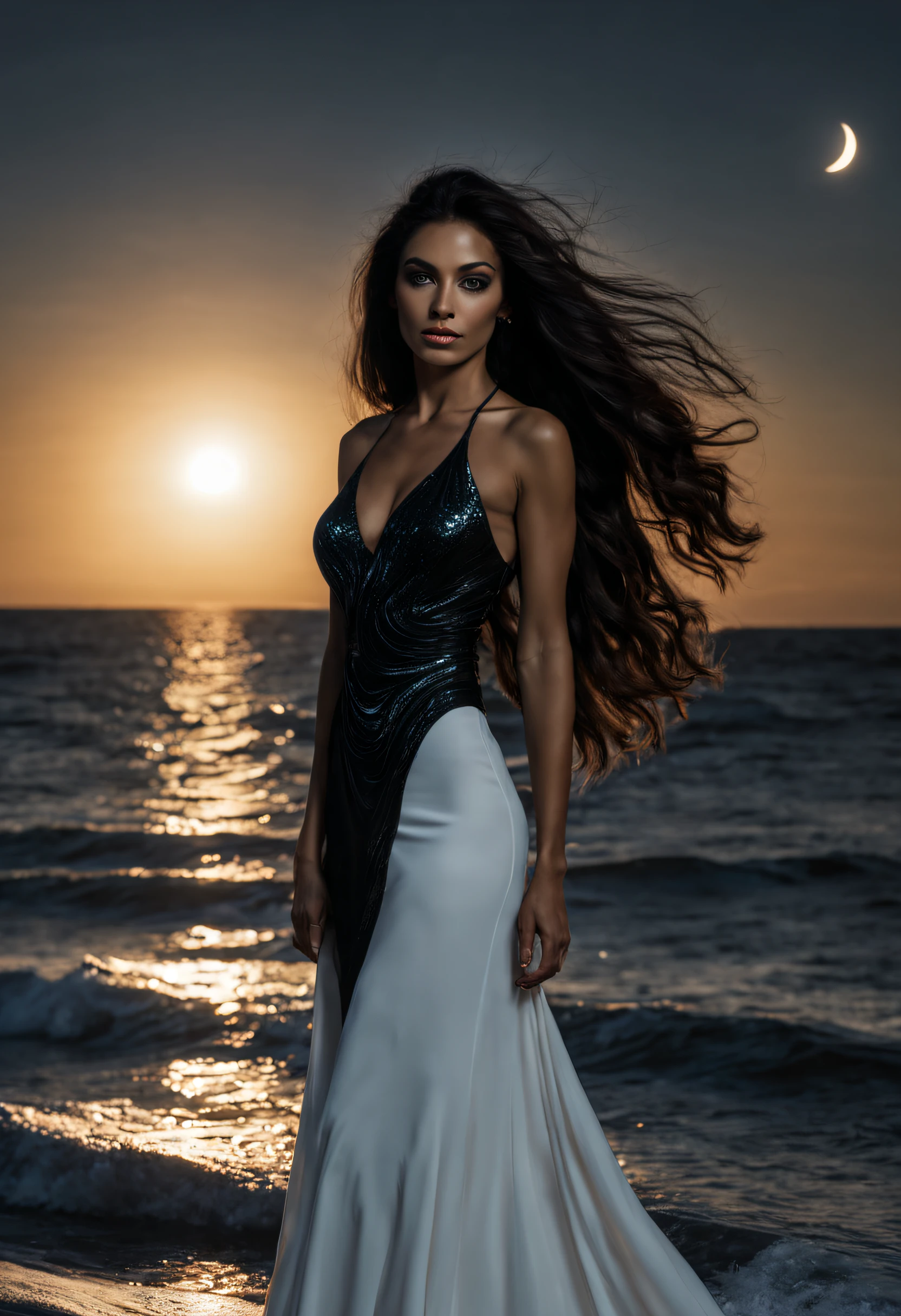 hermosa mujer andaluza de pelo largo y negro azabache con piel morena y cuerpo escultural, vestida con vestido ajustado de verano a la luz de la luna mirando de lado mientras se acicala el pelo con la mano a la orilla del mar, de fondo la luna  llena brillante y un velero navegando con todas sus velas desplegadas .  hiperrealista, 8k, paisajista