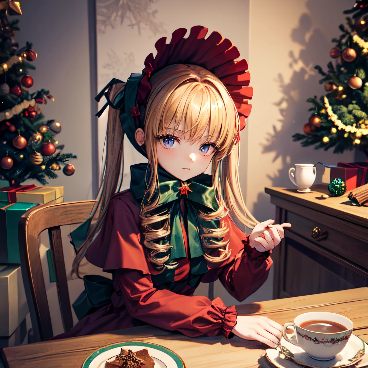 best quality, masterpiece, solo tiny chibi Shinku, original outfit, bonnet, red dress,white pantyhosecup, is sitting on table, tea party, looking to viewer, ((the cinnamon and badian stars laying on table)), (close-up:0.8), christmas tree on background, (christmas atmosphere), intricate angle, detailed, intricate