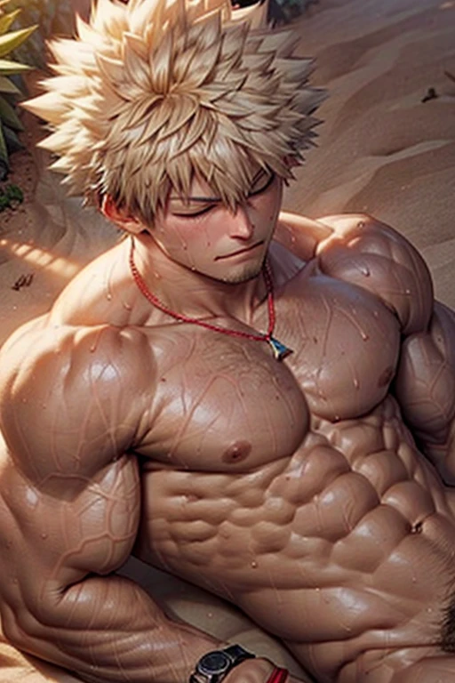 Muscular bakugou katsuki laying down sleeping on sand top view, relaxed, naked thick penis , muscular pecs and washboard abs, sweating heavily, wristwatch, necklace, cactus growing from sand, sand on body, blonde stubble, dim night darkness