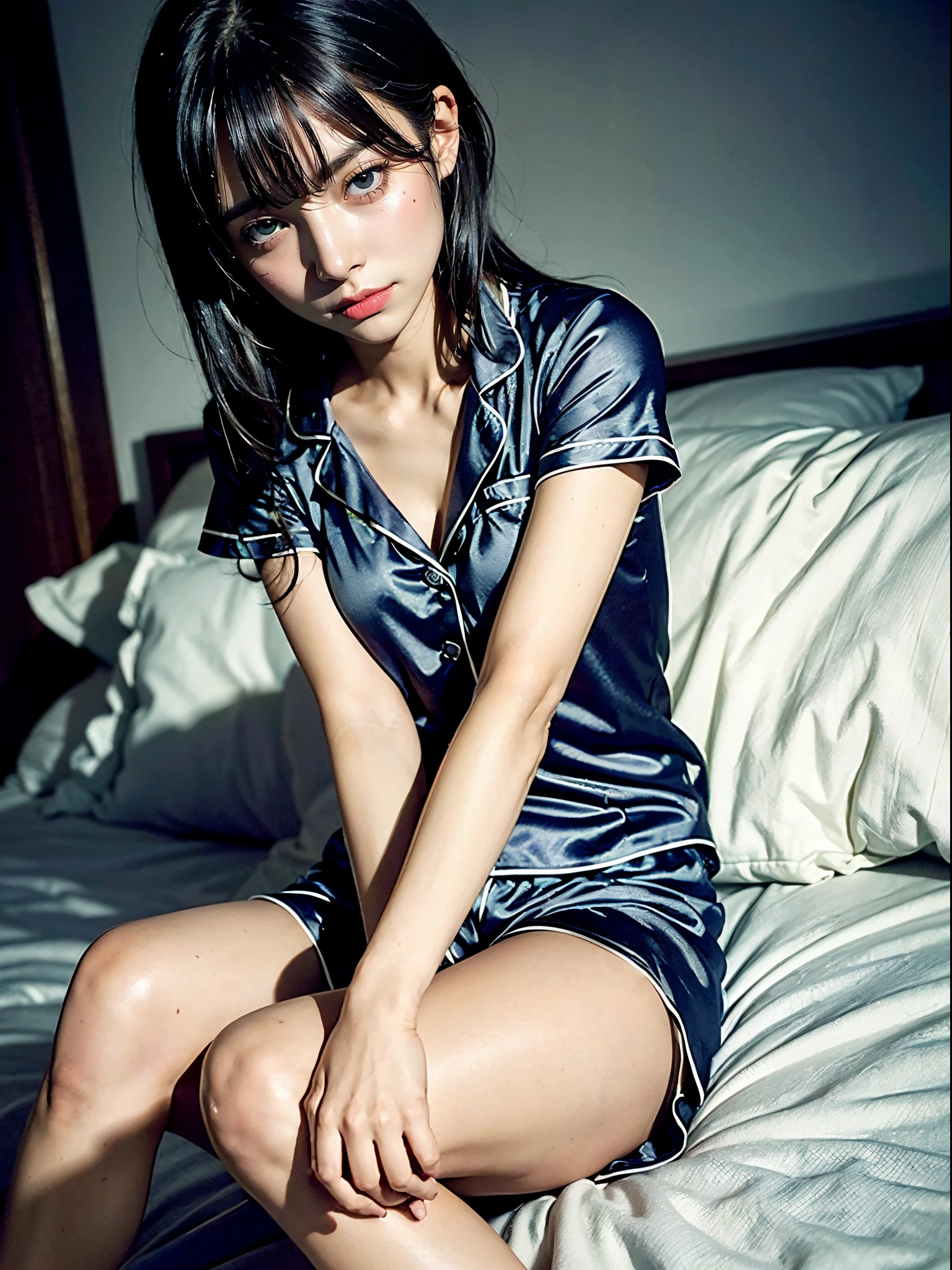 (((Sit with your knees bent:1.8, Sit with both knees upright:1.8))), ((Dressing:1.8, Pajama shorts:1.8)), (((Naked upper body:1.8, Pajama shorts:1.8, Short sleeve pajamas:1.8))), ((Bedrooms:1.5)), (Smiling smile:1.3), 1girl in, report, 18year old, 7headed body, Ideal ratio body proportions, erectile nipple, Medium Hair, A dark-haired, With bangs, small tits, A slender, Small buttocks, beauty legs, Skinny Legs, surrealism, Cinematic lighting, depth of fields, One-person viewpoint, F/1.8, 135 mm, nffsw, masutepiece, ccurate, ((Anatomically correct:1.3)), Textured skin, Super Detail, high details, High quality, awardwinning, Best Quality, hight resolution, 8K