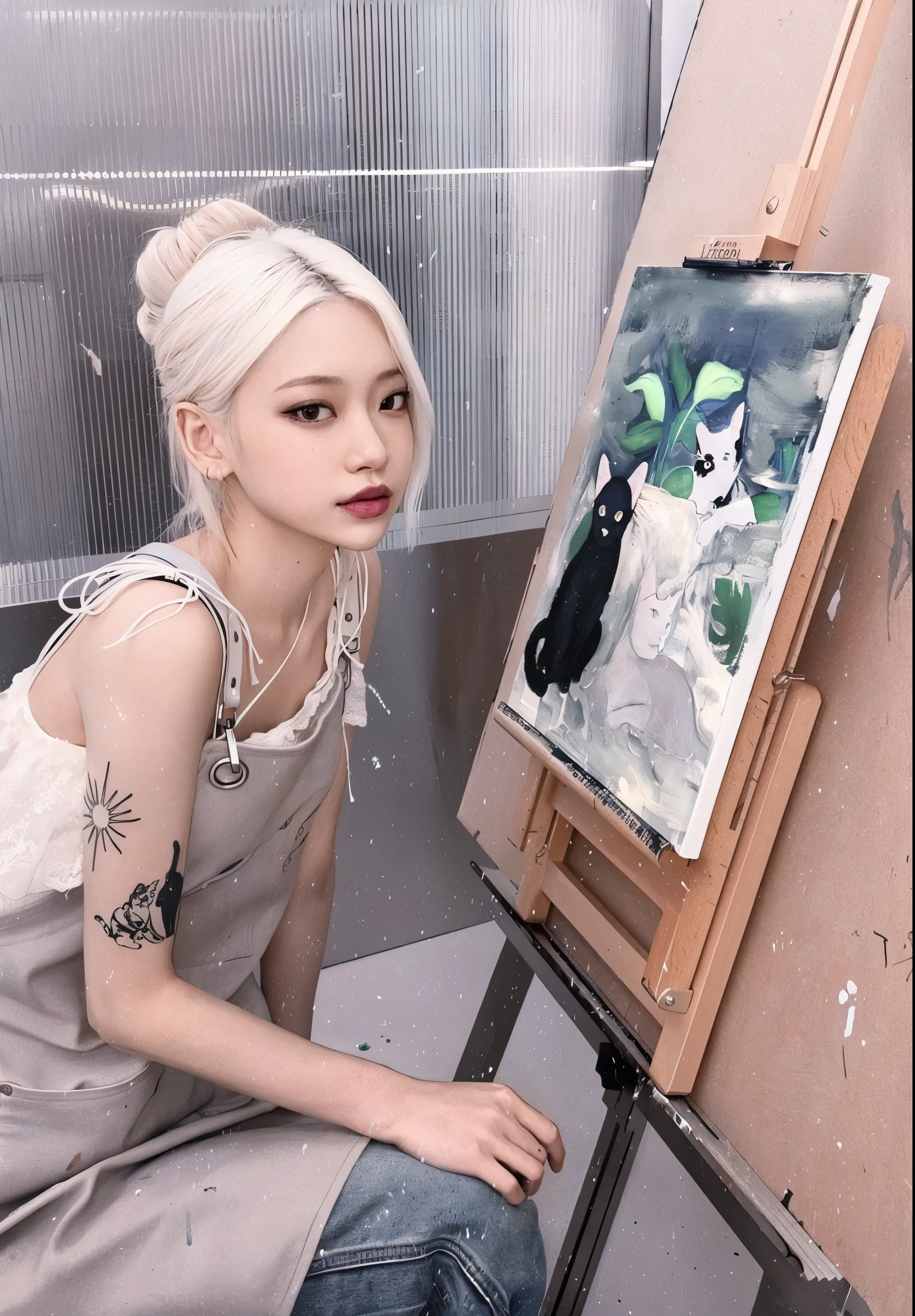 mulher loira sentada em uma cadeira ao lado de uma pintura de dois gayos, inspirado em Yanjun Cheng, arte shin jinyoung, Artista coreano, Loish e Ross Tran, trending on artstration, Artgerm e James Jean, Inspirado em Jeonseok Lee, an epic painting by an artist, solo portrait 🎨🖌️, Artgerm e Ruan Jia
