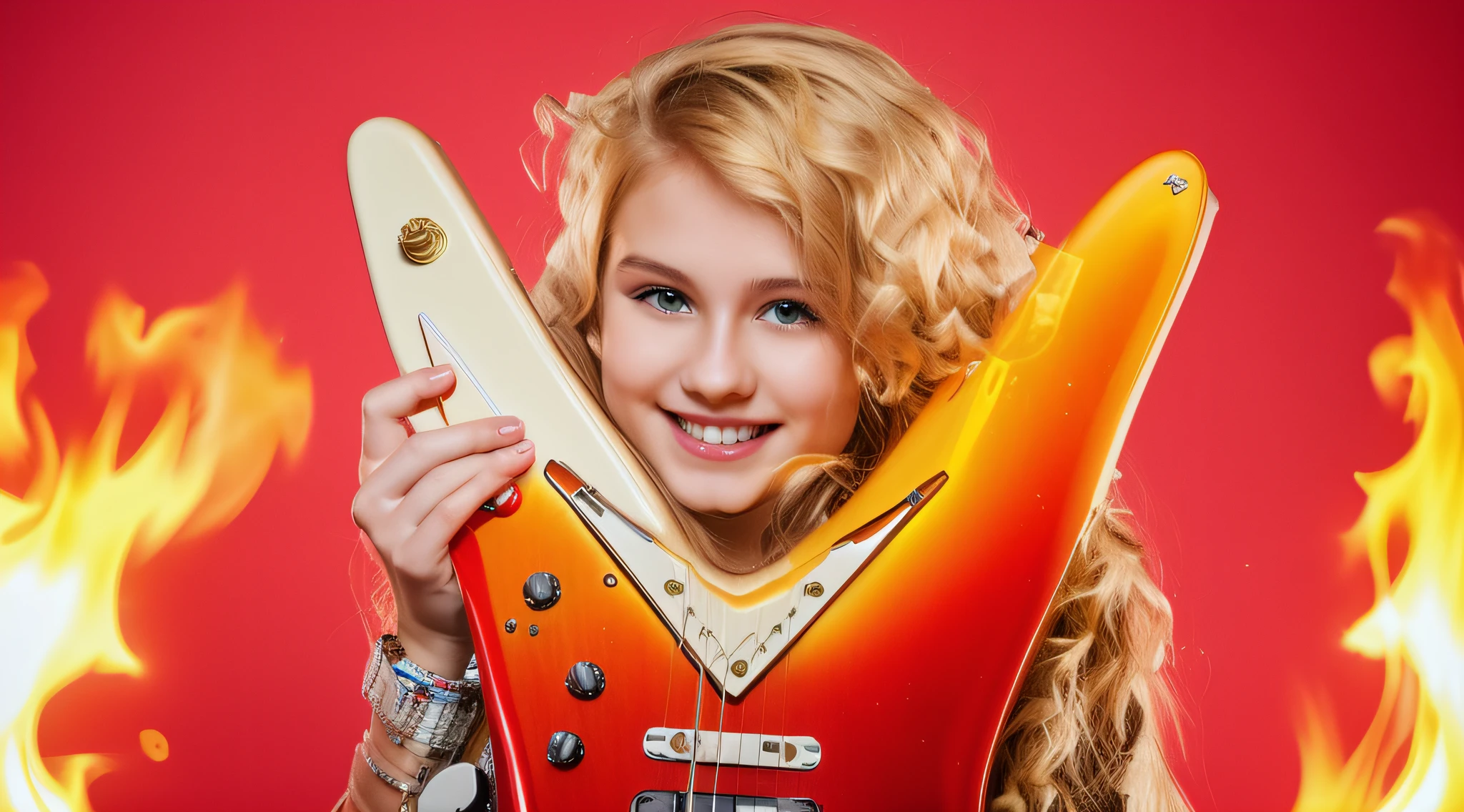 blonde girl holding a guitar with a smile on her face, holding an electric guitar, em chamas queimando no fogo. fundo vermelho.