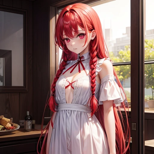 red braids, long red hair, pink eyes, small breast, white clothes, girl, adult, , xxx, scene +18